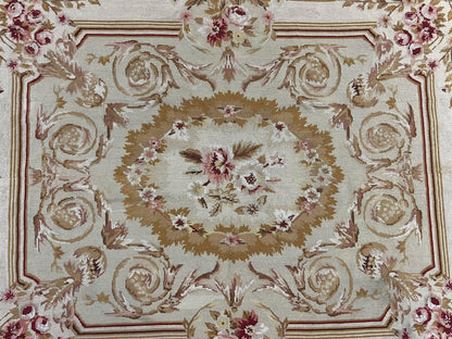 Aubusson Needlepoint Rug 4x5 ft, Beige and Tan, Aubusson Savonnerie Vintage Carpet, Handwoven Handmade Wool Rug, European Design Floral Rose