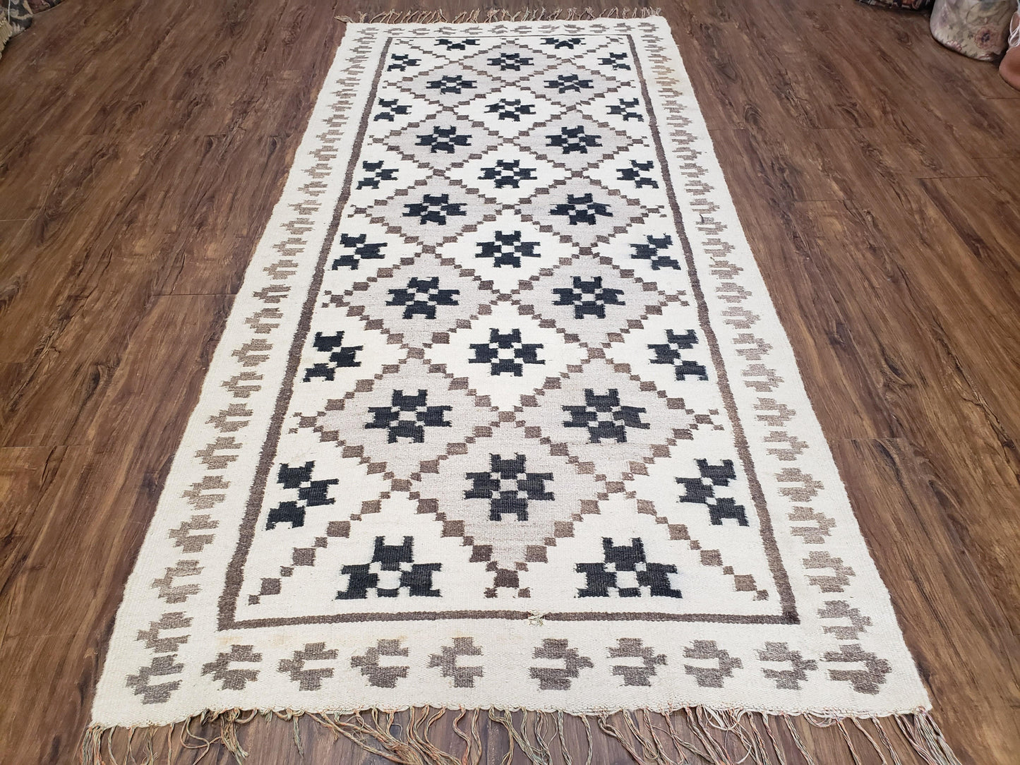 Semi Antique South American Blanket 4x8, Wool Hand-Woven Flatweave Kilim Rug, Handmade Antique Vintage Runner, Ivory & Blue, Diamond Panel