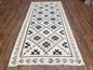 Semi Antique South American Blanket 4x8, Wool Hand-Woven Flatweave Kilim Rug, Handmade Antique Vintage Runner, Ivory & Blue, Diamond Panel