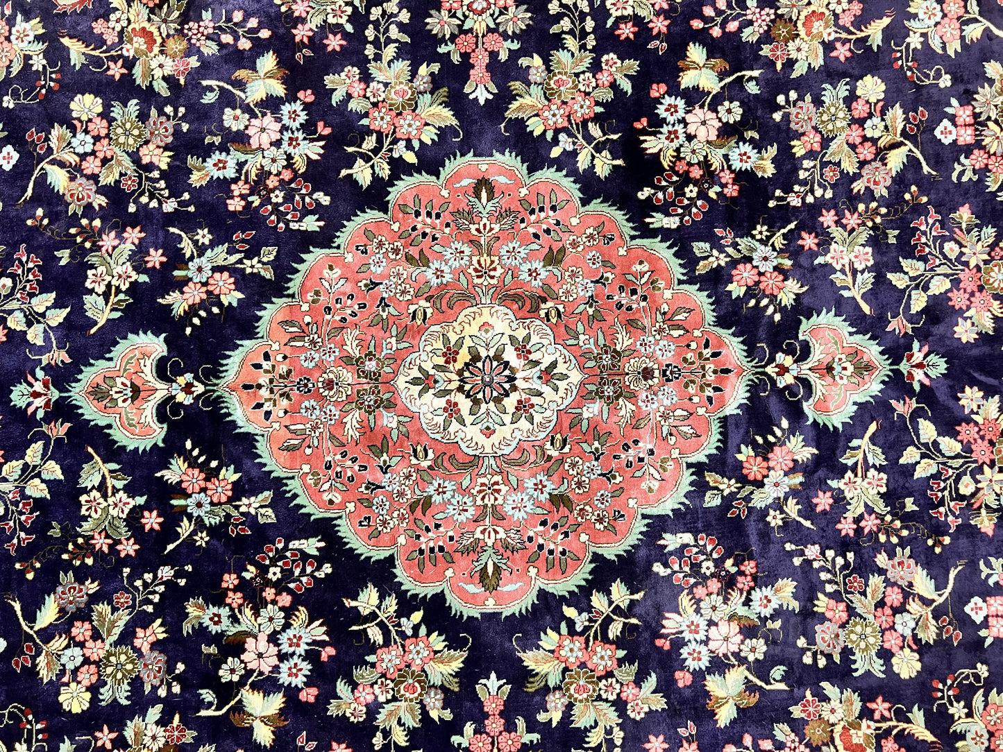 Stunning Silk Persian Qum Rug 7x9, Finely Hand Knotted Navy Blue & Salmon Floral Medallion Authentic Oriental Carpet, Vintage Handmade Silk Ghom Rug, Silk on Silk