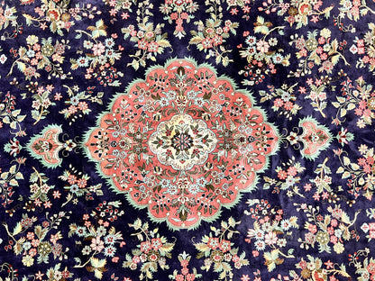 Stunning Silk Persian Qum Rug 7x9, Finely Hand Knotted Navy Blue & Salmon Floral Medallion Authentic Oriental Carpet, Vintage Handmade Silk Ghom Rug, Silk on Silk