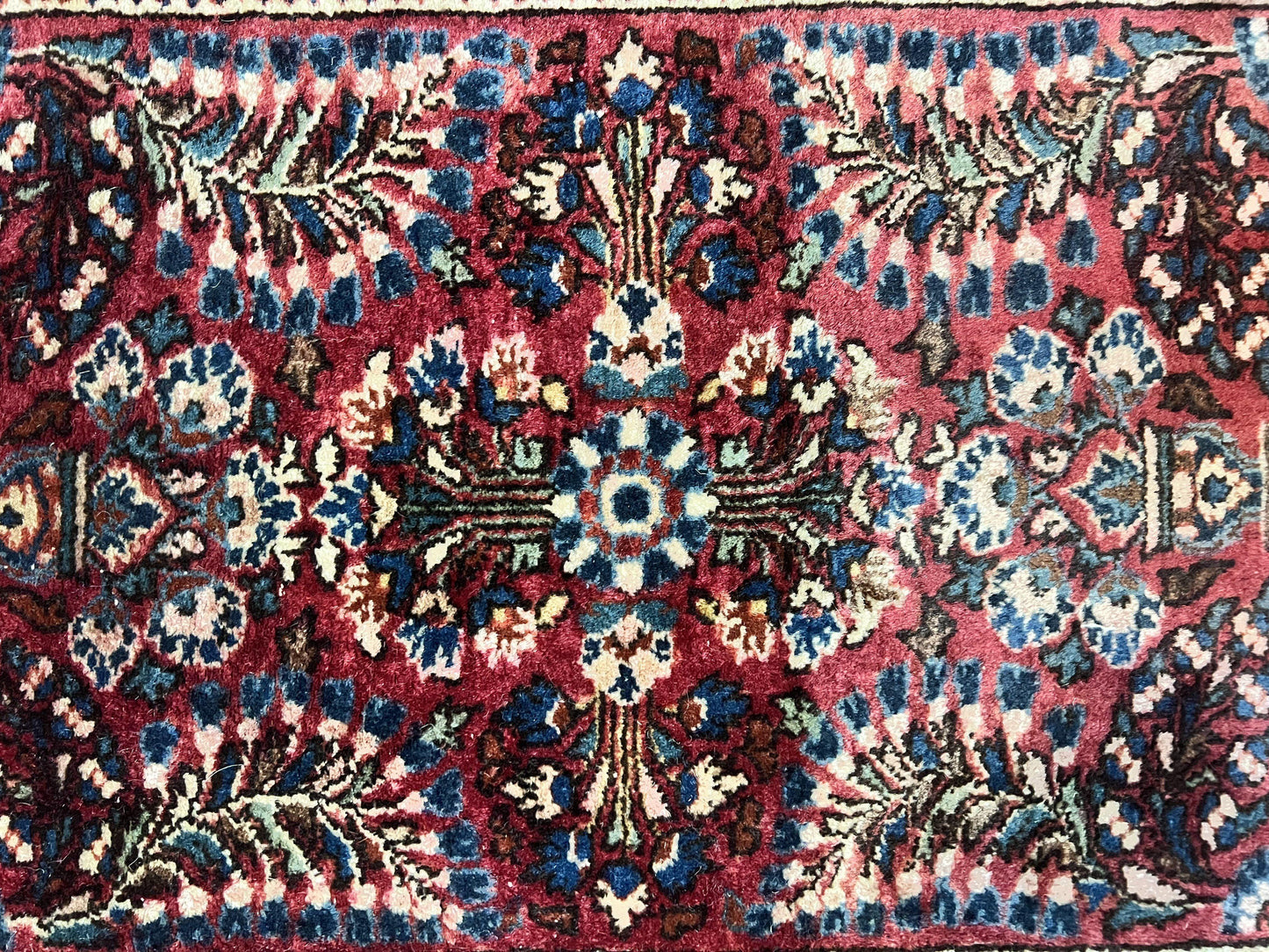Antique Persian Sarouk Rug 2 x 2.5, Small Sarouk Carpet, Red Floral 1920s Red, Fine 170 KPSI, Wool Handmade Rug
