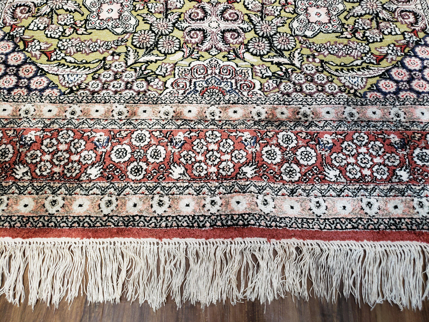 Vintage Silk Rug with Gold Threads, 5x8 Silk Oriental Carpet, Red Black Gold Hand-Knotted Fine Silk Real Gold Wire Threads Kashmiri Silk Rug