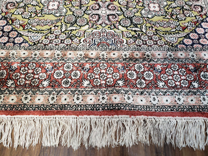 Vintage Silk Rug with Gold Threads, 5x8 Silk Oriental Carpet, Red Black Gold Hand-Knotted Fine Silk Real Gold Wire Threads Kashmiri Silk Rug