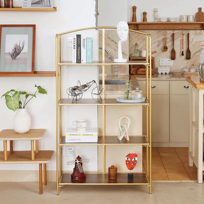 No Assembly Foldable Bookshelf 4 Tier Gold Bookcase