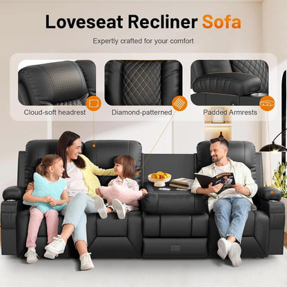 Black PU Leather Four Seater Recliner With USB Ports
