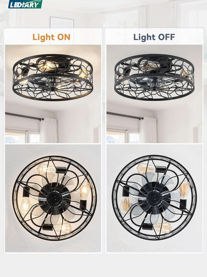 Black Caged Ceiling Fan With Lights Low Profile Flush Mount Remote