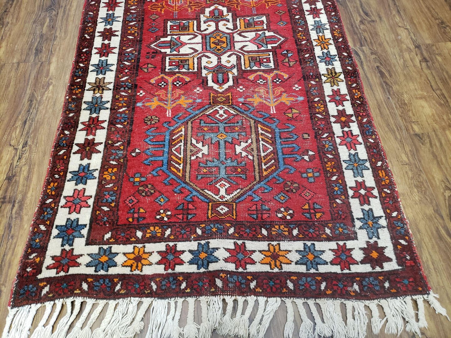 Antique Persian Heriz Karajeh Runner Rug, Red, Hand-Knotted, Wool, 3' 3" x 10' 11"