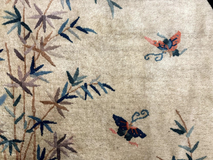 Antique Chinese Oval Rug 3.9 x 6.7, Floral, Butterflies, Chinese Wool Art Deco Peking Carpet, Beige, Handmade