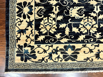 Sino Persian Rug 6x9, Hand Knotted Wool Carpet, Floral Allover, Blue Cream-Tan