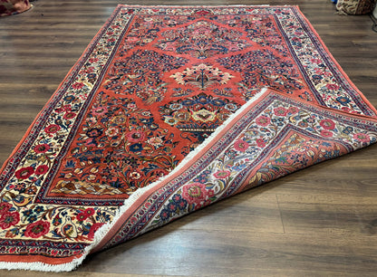 Persian Sarouk Rug 7x10, Red and Ivory, Floral Bouquets, Birds