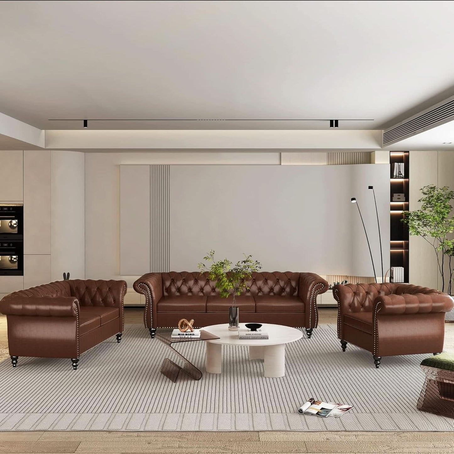 3 Piece Living Room Set With Sectional Chesterfield Sofa Chair And Leather Upholstered Loveseat
