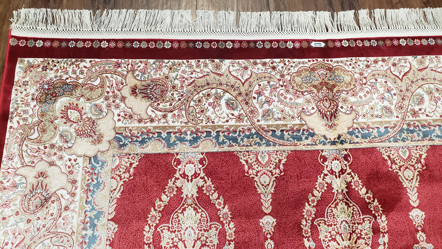 Dark Red Silk Carpet 5.3 x 7.6 ft, 5x8 Silk Rug, New Turkish Silk Carpet, Mint Condition, Beige & Red Area Rug, Bamboo Silk, High Quality