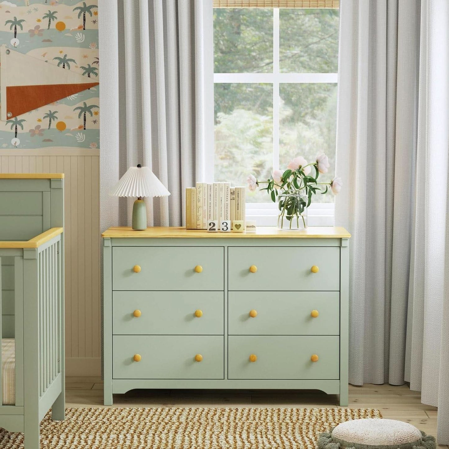 Shea Six Drawer Dresser Light Sage And Honey For Nursery