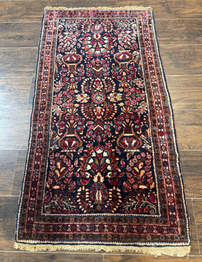 Small Navy Blue Persian Rug 2x4, Sarouk Rug, Rare Colors, Antique 1920s Wool Rug