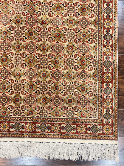 Turkish Kayseri Silk Rug 4x6, Hand Knotted Handmade Vintage Allover Pattern, Fine Silk Oriental Carpet 4 x 6 ft, Traditional Rug, Cream