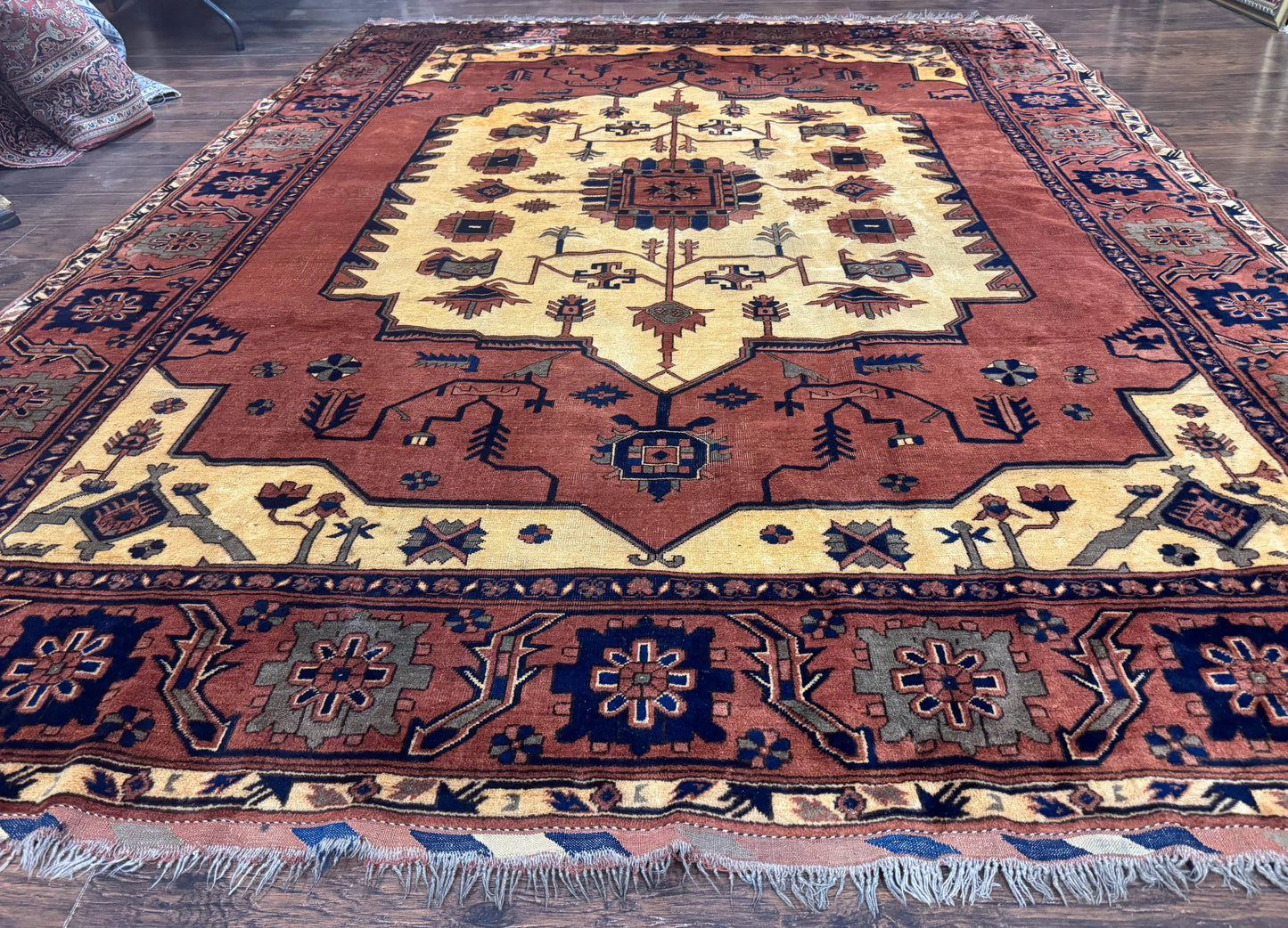 Afghan Heriz Rug 9x12, Tribal Geometric Serapi Carpet, Rust Cream and Navy, Wool on Wool