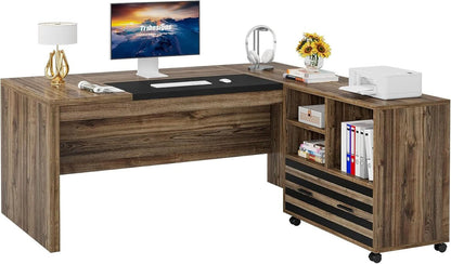 62.2 Inch L Shaped Desk With Mobile File Cabinet Brown
