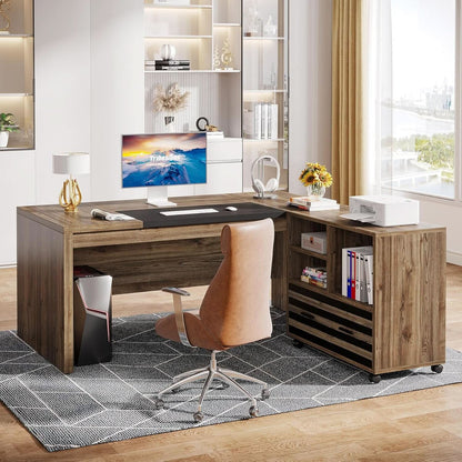 62.2 Inch L Shaped Desk With Mobile File Cabinet Brown