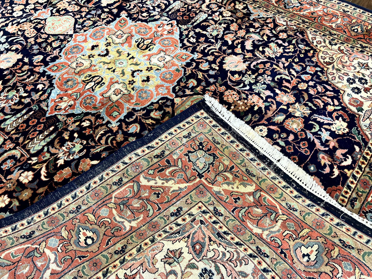 Indo Persian Rug 8x10, Midnight Blue & Red, Handmade Vintage Wool Carpet, Floral Medallion