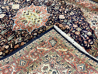 Indo Persian Rug 8x10, Midnight Blue & Red, Handmade Vintage Wool Carpet, Floral Medallion