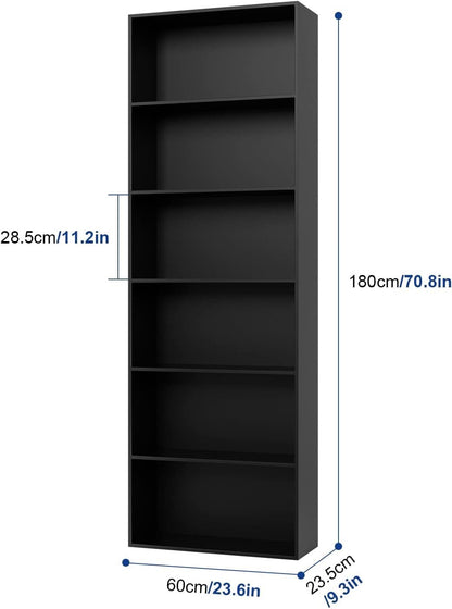 Six Tier Open Bookcase Tall Freestanding Shelving Black