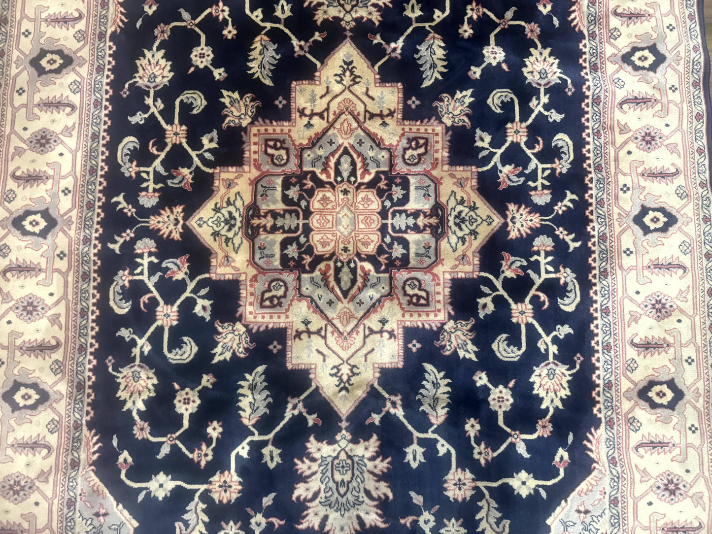 Karastan Rug Navy Serapi, Kara Shah Rug, Navy Blue, 5.6 x 8.6, Vintage Karastan Area Rug, Wool Pile Karastan Rug