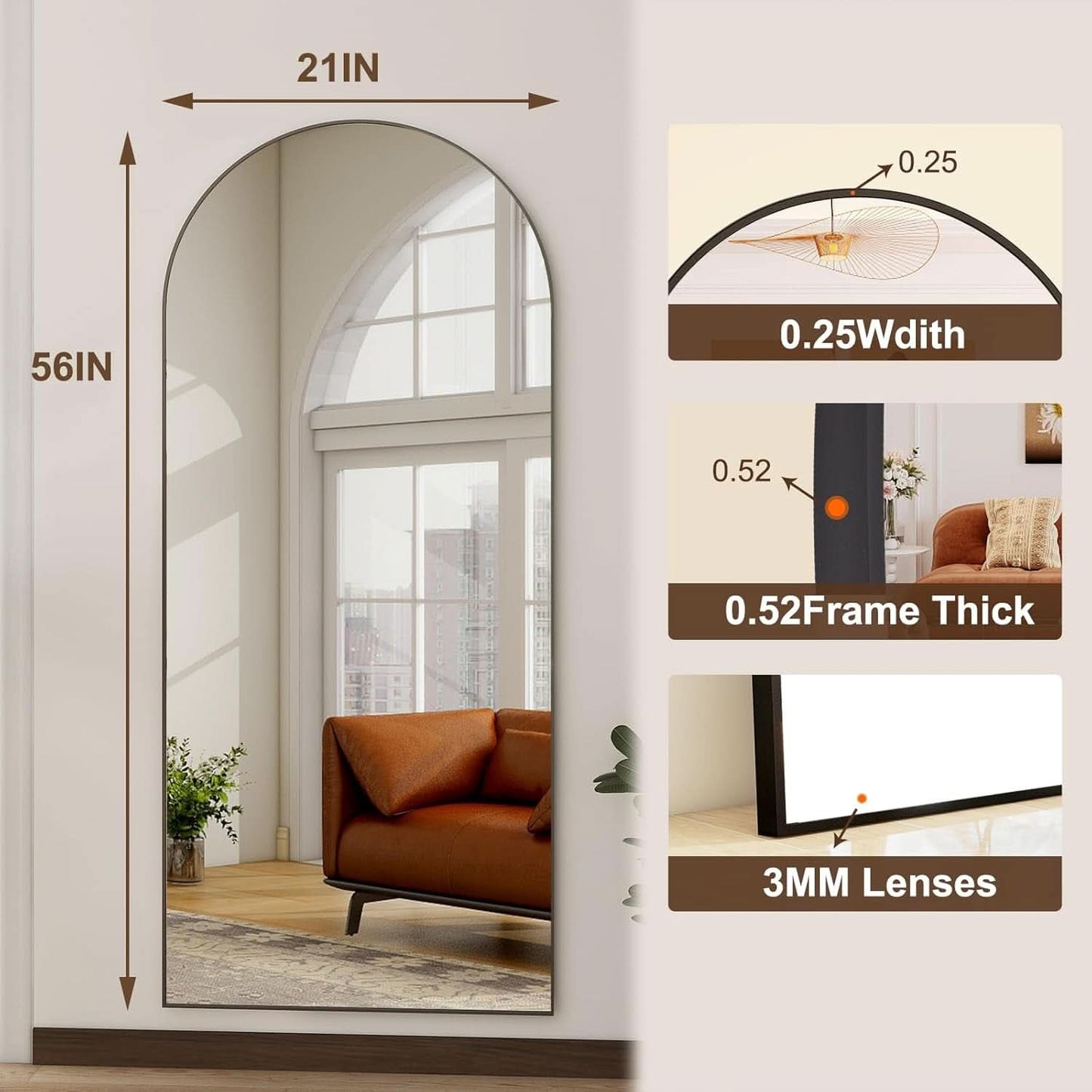 56 Inch Arch Full Length Mirror Black Frame Floor Standing