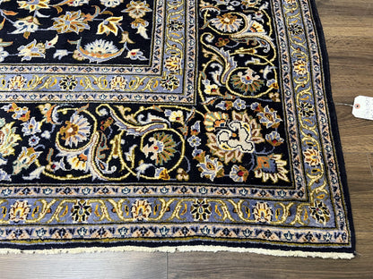 Wonderful Navy Blue Persian Kashan Rug 11x13, Allover Floral Design with Central Medallion, Wool Hand-Knotted Antique Carpet, Signed Rabani Rug