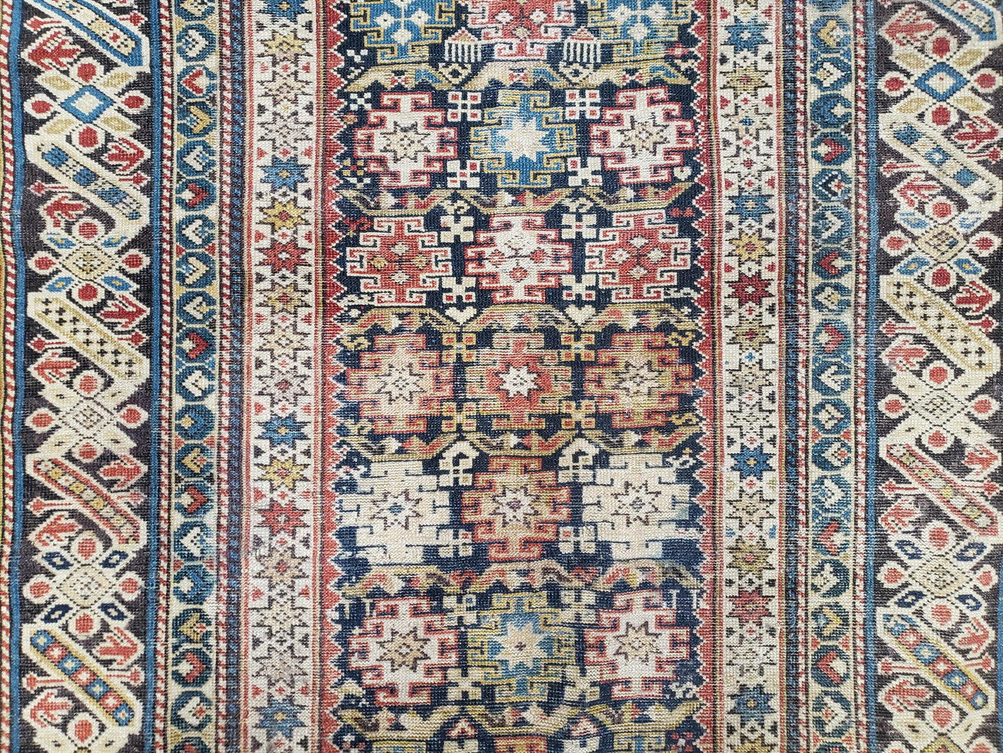 Caucasian Rug 3'9" x 5'7", Antique 1920s Collectible Caucasian Chi Chi Carpet, Hand Knotted, Colorful, Dark Blue Cream Red, Wool, Small Rug