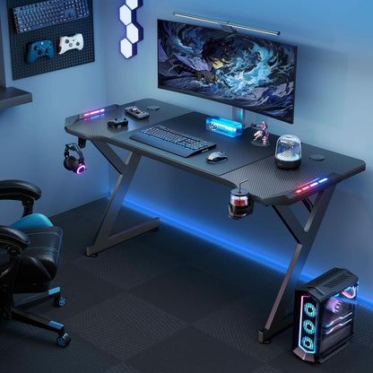 63 Inch Gaming Desk With LED Lights Carbon Fiber Desktop