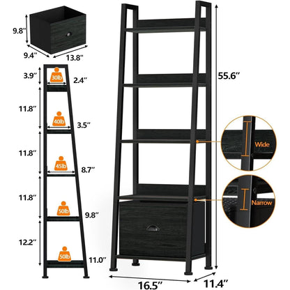 5 Tier Ladder Shelf With Drawer Narrow Black Oak Finish