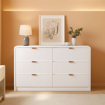 Fluted 6 Drawer Dresser 54 Inch White Solid Wood Storage