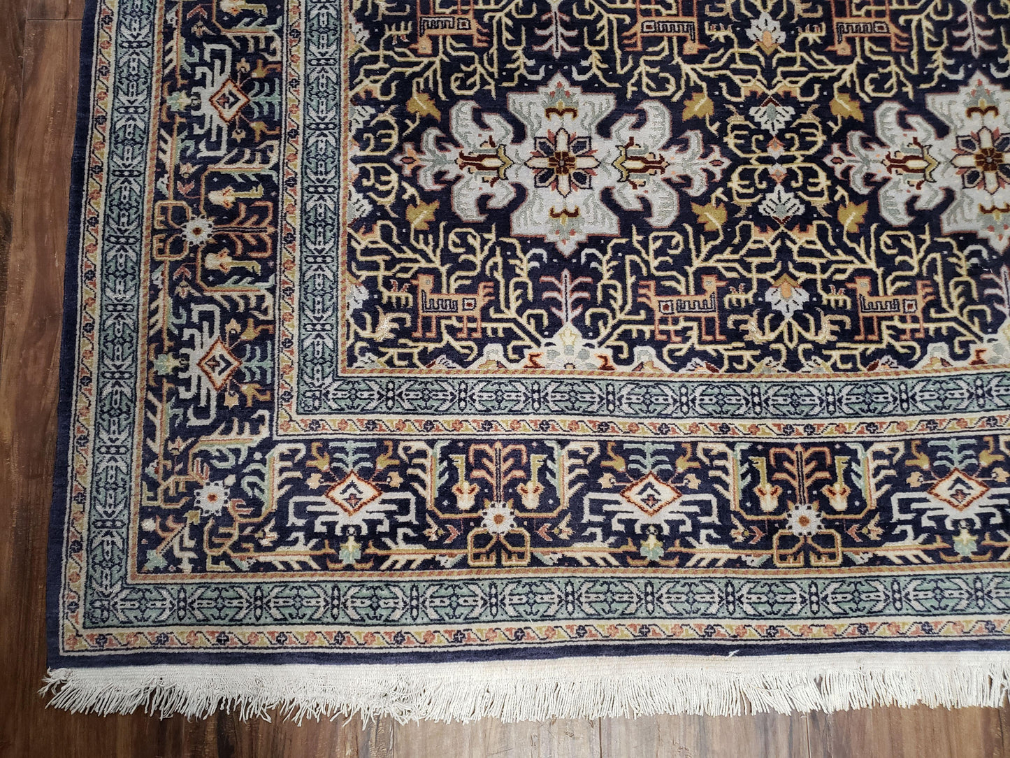 Semi-Antique Persian Kashan Rug, Midnight Blue & Ivory, Hand-Knotted, Wool, 4' 8" x 7' 4", Pair A