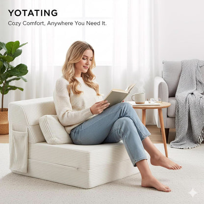 Beige Upholstered Folding Sofa Bed Convertible Floor