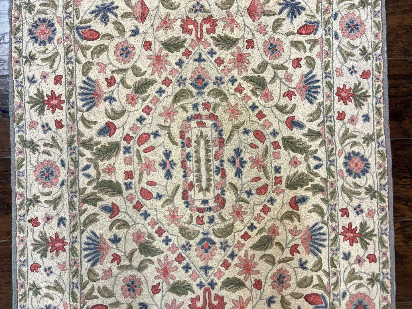 Hand Stitched Indian Rug 4x5, Floral, Vintage Hand Embroidered Rug