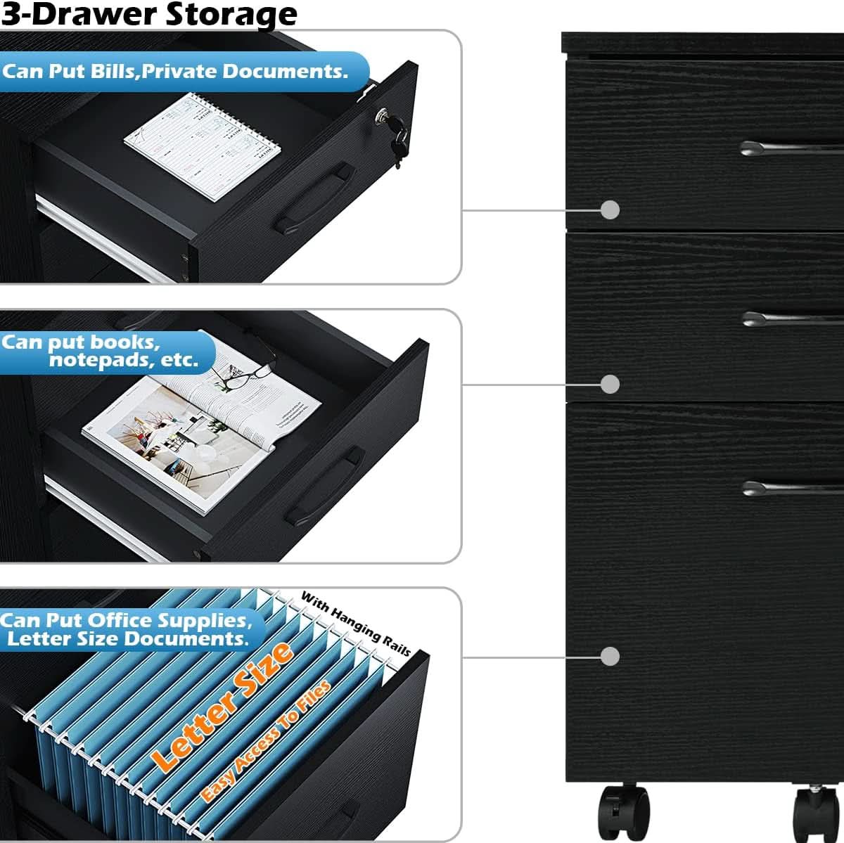 3 Drawer Wood Mobile File Cabinet With Wheels Black Under Desk Office Storage For Home Office Use