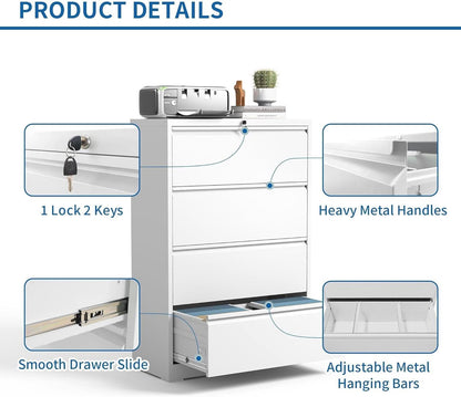 Lateral File Cabinet 4 Drawer White Metal With Locks