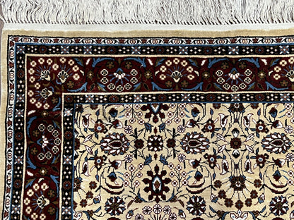Fine Sino-Persian Silk Rug 3x5, High Quality Silk Carpet, Handmade Small Silk Rug, Allover Repeated Motif, Tan Maroon Blue Vintage Silk Rug