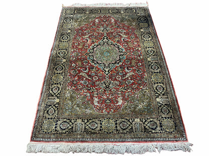 Persian Qum Silk Rug 3.8 x 5.6, Silk on Silk, Animal Pictorials, Fine 330 KPSI
