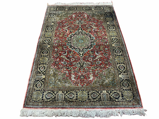 Persian Qum Silk Rug 3.8 x 5.6, Silk on Silk, Animal Pictorials, Fine 330 KPSI