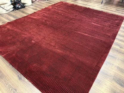 Modern Tibetan Rug 8x10, Red, Stripes, Handmade Wool Thick Pile Carpet