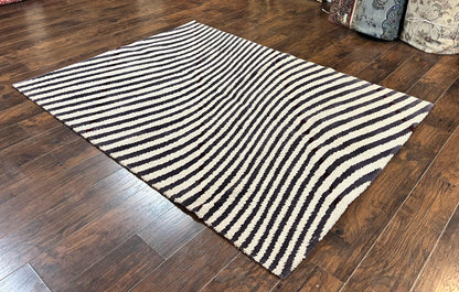 Vintage Zebra Stripes Shag Rug 5.7 x 7.4, Black and White, Retro, Wool