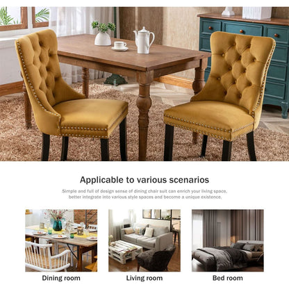 Gold Velvet Tufted Dining Chairs With Ring Pull Trim