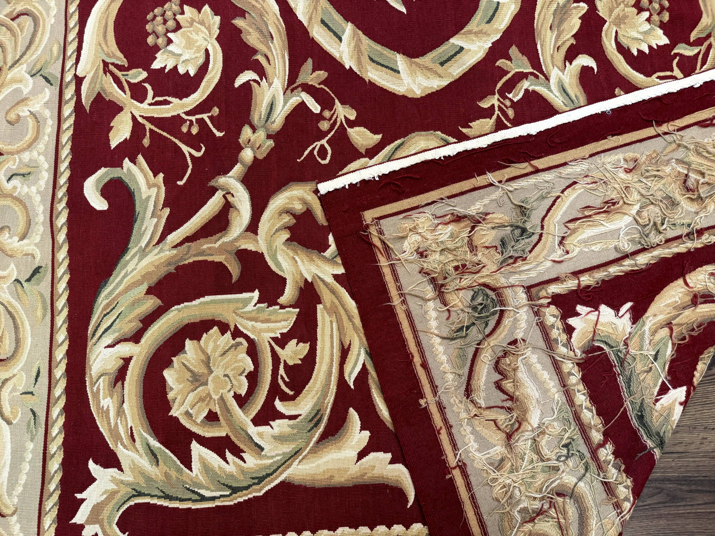 Burgundy Aubusson Rug 6x9, Vintage Wool Carpet