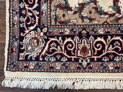 Indian Kashmiri Rug 4x6, Ivory Beige Navy Blue, Traditional Indo Persian Rug