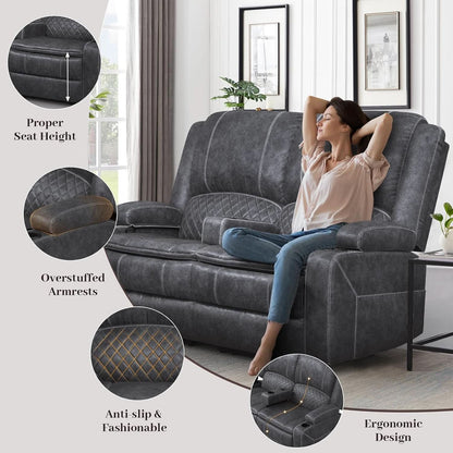 Gray Velvet Manual Recliner Loveseat With USB Ports