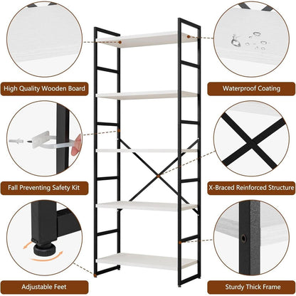 Two Piece Five Tier White Bookshelf Set Industrial Modern Bookcase For Living Room Office