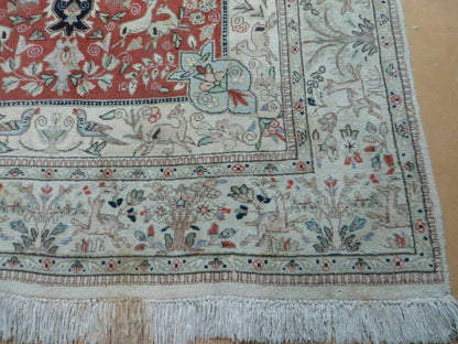6' X 9' Vintage Handmade India Oriental Floral Wool Rug Hunting Bird Deer Nice