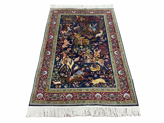 Indian Kashmiri Wool & Silk Rug 4x6 ft, Hunting Scene, Midnight Blue, Hand-Knotted, Archers, Swords, Horses, Vintage Antique Oriental Carpet
